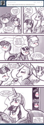 Size: 454x1280 | Tagged: safe, artist:johnjoseco, imported from derpibooru, night light, princess celestia, twilight sparkle, twilight velvet, alicorn, pony, unicorn, ask princess molestia, princess molestia, ask, blushing, comic, female, lesbian, mare, parent, shipping, twilestia