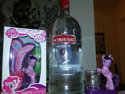 Size: 1024x768 | Tagged: safe, imported from derpibooru, twilight sparkle, alcohol, cutie mark, figurine, irl, photo, toy, vodka