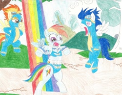 Size: 2103x1636 | Tagged: safe, artist:wjmmovieman, imported from derpibooru, rainbow dash, soarin', spitfire, pegasus, pony, belly button, blue underwear, bra, clothes, cutie mark underwear, embarrassed, embarrassed underwear exposure, exposed, panties, traditional art, underwear, undressing, wardrobe malfunction, wonderbolts