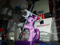 Size: 3264x2448 | Tagged: safe, imported from derpibooru, twilight sparkle, pony, unicorn, beaker, erlenmeyer flask, female, figurine, flask, glass, irl, laboratory, merchandise, photo, science, solo, syringe, toy