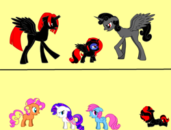 Size: 900x688 | Tagged: safe, imported from derpibooru, half note (g1), rarity, wind whistler, oc, oc only, oc:dark thunder, oc:lightning stripe, oc:night shadow, oc:storm lightning, alicorn, earth pony, pegasus, pony, unicorn, pony creator, my little pony tales, 9000 hours in pony creator, alicorn oc, blank flank, cape, clothes, crying, cute, dress, familiar, female, filly, filly half note, filly rarity, filly wind whistler, foal, g1, g1 to g4, g4, generation leap, hawwlf note, mare, raribetes, red and black oc, sad, simple background, whistlerbetes, yellow background, younger