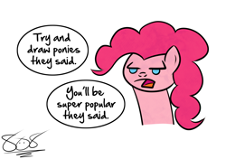 Size: 1166x823 | Tagged: safe, artist:aruigus808, imported from derpibooru, pinkie pie, earth pony, pony, bust, female, mare, portrait, solo, speech bubble, unamused