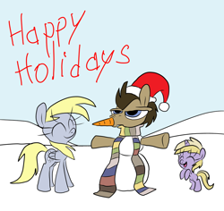 Size: 900x851 | Tagged: safe, artist:joeywaggoner, imported from derpibooru, derpy hooves, dinky hooves, doctor whooves, time turner, earth pony, pegasus, pony, unicorn, clothes, doctor who, doctor whooves is not amused, female, fourth doctor's scarf, mare, scarf, snowman, striped scarf, the doctor, varying degrees of amusement