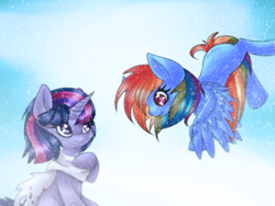 Size: 800x600 | Tagged: safe, artist:halfpastnoon, imported from derpibooru, rainbow dash, twilight sparkle, clothes, female, lesbian, scarf, shipping, snow, snowfall, twidash