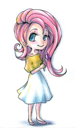 Size: 708x1212 | Tagged: safe, artist:retrofluff, imported from derpibooru, fluttershy, human, clothes, dress, flower, humanized, solo, traditional art