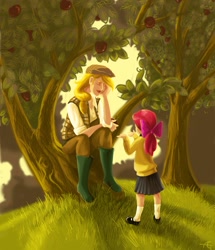 Size: 2000x2321 | Tagged: safe, artist:funkydalek, imported from derpibooru, apple bloom, applejack, human, apple, flat cap, galoshes, hat, humanized, rain boots, rubber boots, tree, wellington boots