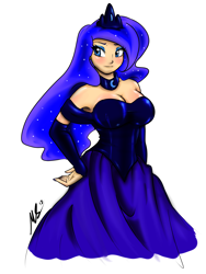 Size: 1500x2000 | Tagged: safe, artist:true-artist-mas, imported from derpibooru, princess luna, human, blushing, breasts, busty princess luna, clothes, evening gloves, female, fingerless gloves, gloves, humanized, looking at you, simple background, smiling, solo