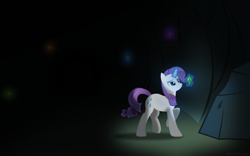 Size: 1800x1125 | Tagged: safe, artist:glaive-silver, imported from derpibooru, rarity, pony, cave, cavern, female, gem, glow, glowing, light, looking, magic, mining, raised eyebrow, raised hoof, solo, standing