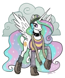 Size: 854x1024 | Tagged: safe, artist:pedantia, imported from derpibooru, princess celestia, alicorn, pony, choker, clothes, collar, earring, female, hat, scarf, shoes, solo