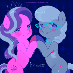 Size: 1280x1288 | Tagged: safe, artist:princessmisery, imported from derpibooru, diamond tiara, silver spoon, earth pony, pony, blushing, female, glasses, heart eyes, lesbian, shipping, silvertiara, wingding eyes