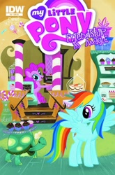 Size: 600x910 | Tagged: safe, artist:stephbuscema, idw, imported from derpibooru, pinkie pie, rainbow dash, tank, comic, cover, official, official comic, oversaturation, sugarcube corner