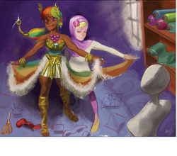 Size: 1041x915 | Tagged: safe, artist:discotecnia ottanta, artist:idlecum, imported from derpibooru, fluttershy, rainbow dash, human, clothes, dark skin, dress, gala dress, hijab, humanized, islam, islamashy, piercing