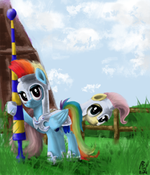 Size: 1200x1400 | Tagged: safe, artist:rainbowgambler, imported from derpibooru, fluttershy, rainbow dash, armor, duo, jousting, lance, weapon