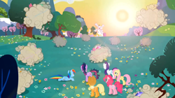 Size: 956x536 | Tagged: safe, imported from derpibooru, screencap, applejack, carrot top, cherry berry, daisy, dizzy twister, flower wishes, fluttershy, golden harvest, lemon hearts, merry may, minuette, orange swirl, pinkie pie, rainbow dash, rarity, sea swirl, seafoam, smarty pants, spring melody, sprinkle medley, twilight sparkle, twinkleshine, lesson zero, ball of violence, brawl, female, mane six