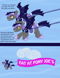 Size: 1000x1300 | Tagged: safe, artist:widsithgrey, imported from derpibooru, oc, oc:frolicsome meadowlark, oc:sunshine smiles (egophiliac), bat pony, pony, banner, comic, night guard