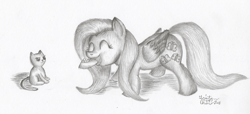 Size: 2000x913 | Tagged: safe, artist:kuroitsubasatenshi, imported from derpibooru, fluttershy, cat, pegasus, pony, duo, eyes closed, feeding, female, folded wings, grayscale, mare, monochrome, mouth hold, pencil drawing, pet bowl, smiling, traditional art, wings