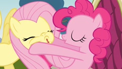 Size: 1280x720 | Tagged: safe, imported from derpibooru, screencap, fluttershy, pinkie pie, earth pony, pegasus, too many pinkie pies, out of context, squishy, squishy cheeks