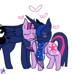 Size: 1024x1024 | Tagged: safe, artist:queenlugia58, imported from derpibooru, princess luna, twilight sparkle, eyes closed, female, heart, lesbian, shipping, simple background, twiluna