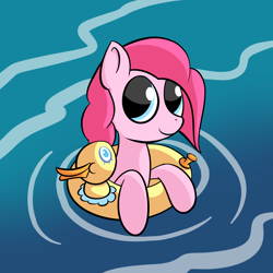 Size: 2000x2000 | Tagged: safe, artist:sharkwellington, imported from derpibooru, pinkie pie, duck, earth pony, pony, too many pinkie pies, cute, female, floaty, mare, pool toy, smiling, solo, swimming, water, wet mane