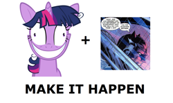 Size: 1337x796 | Tagged: safe, imported from derpibooru, twilight sparkle, all caps, atop the fourth wall, batman, crazy steve, exploitable meme, frank miller, make it happen, meme, meta, twilight snapple, vulgar