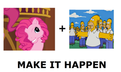 Size: 1261x752 | Tagged: safe, edit, edited screencap, imported from derpibooru, screencap, pinkie pie, too many pinkie pies, all caps, exploitable meme, generation leap, homer clones, homer simpson, make it happen, meme, pinkie blind, pinkie's silly face, the simpsons, treehouse of horror xiii