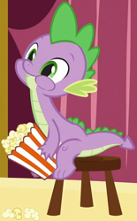 Size: 628x1015 | Tagged: safe, imported from derpibooru, screencap, spike, dragon, too many pinkie pies, cropped, cute, male, popcorn, sitting, solo, spikabetes