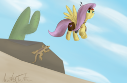 Size: 1000x655 | Tagged: safe, artist:mattatatta, imported from derpibooru, fluttershy, lizard, reptile, survivor shy, bruised, desert