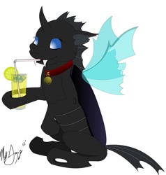 Size: 871x916 | Tagged: safe, artist:ironhooves, imported from derpibooru, oc, oc only, oc:kuno, changeling, fanfic:an affliction of the heart, bell, bell collar, changeling oc, collar, drinking, female, lemonade, solo