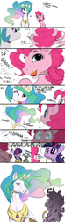 Size: 640x2160 | Tagged: safe, artist:elslowmo, artist:sunibee, color edit, edit, imported from derpibooru, pinkie pie, princess celestia, spike, twilight sparkle, alicorn, dragon, earth pony, pony, unicorn, aaaaaaaaaa, bet you can't make a face crazier than this, betcha can't make a face crazier than this, colored, comic, crown, dialogue, dropping, eye contact, female, funny, g3 faic, hoers, horn, jewelry, laughing, looking at each other, magic, mare, mouth hold, nightmare fuel, open mouth, peytral, pinkie blind, pinkie's silly face, princess celestia is a horse, realistic, regalia, shocked
