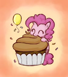 Size: 446x500 | Tagged: artist needed, source needed, safe, imported from derpibooru, pinkie pie, pony, balloon, cupcake, cute, diapinkes, eating, eyes closed, female, nom, puffy cheeks, smiling, solo