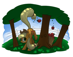 Size: 2387x1870 | Tagged: safe, artist:underpable, imported from derpibooru, applejack, pony, apple, applebucking, basket, female, fence, grin, kicking, solo, tree, trunk