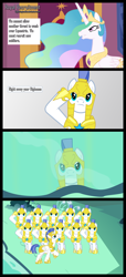 Size: 1500x3300 | Tagged: safe, artist:lightningtumble, imported from derpibooru, princess celestia, alicorn, earth pony, pony, cave, cave pool, clone, clones, cloning, comic, female, male, mare, mirror pool, royal guard, saluting guards, stallion