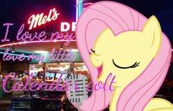 Size: 470x300 | Tagged: safe, imported from derpibooru, fluttershy, 1950s, 50s, calendar girl, lyrics, microphone, neil sedaka, parody, singing