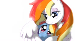 Size: 1024x569 | Tagged: safe, artist:feather-ponyart, imported from derpibooru, rainbow dash, oc, oc:raindrop, oc:sunset breeze, pegasus, pony, 2012, crying, duo, duo female, female, filly, foal, mare, parent, rainbow mom, sad, simple background, white background