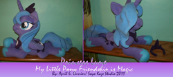 Size: 1624x728 | Tagged: safe, artist:soyo-kaze-studio, imported from derpibooru, princess luna, pony, irl, photo, plushie, s1 luna, solo