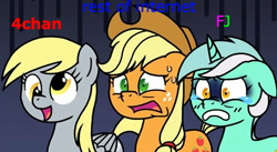 Size: 551x302 | Tagged: safe, artist:zicygomar, edit, imported from derpibooru, applejack, derpy hooves, lyra heartstrings, pegasus, pony, 4chan, female, funnyjunk, image macro, internet, mare, meme, metaphor