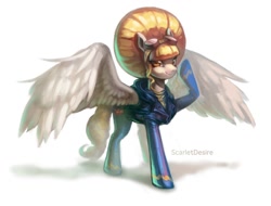 Size: 1024x778 | Tagged: safe, artist:scarletdesires, imported from derpibooru, oc, oc only, clothes, commission, goggles, looking at you, salute, smiling, spread wings, wonderbolts uniform