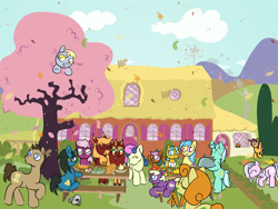 Size: 1500x1125 | Tagged: safe, artist:spacialheather, imported from derpibooru, bon bon, carrot top, cheerilee, derpy hooves, doctor whooves, golden harvest, lyra heartstrings, scootaloo, sweetie drops, time turner, oc, earth pony, pegasus, pony, unicorn, bipedal, thanksgiving