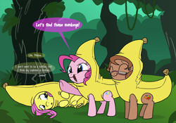 Size: 1000x699 | Tagged: safe, artist:professor-ponyarity, imported from derpibooru, fluttershy, pinkie pie, oc, banana, banana costume, banana suit, clothes, costume, food, food costume