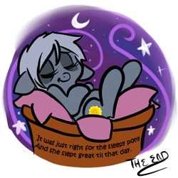 Size: 450x450 | Tagged: artist needed, source needed, safe, artist:princess cadance, imported from derpibooru, oc, oc only, oc:sleepyhead, earth pony, pony, basket, bed, cute, earth pony oc, eyes closed, floppy ears, moon, night, on back, pony in a basket, sleeping, smiling, solo, stars