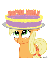 Size: 559x673 | Tagged: safe, artist:aa, imported from derpibooru, applejack, earth pony, pony, birthday cake, cake, hapvw mnulh milnum nim, written equestrian