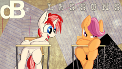 Size: 900x506 | Tagged: safe, artist:amazin-a, deleted from derpibooru, imported from derpibooru, scootaloo, oc, oc:dbpony, cute, desk, paper, school