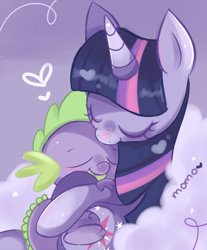 Size: 600x724 | Tagged: safe, artist:ipun, imported from derpibooru, spike, twilight sparkle, dragon, pony, unicorn, baby, baby dragon, cloud, cuddling, cute, cutie mark, daaaaaaaaaaaw, diabetes, eyes closed, featured image, female, heart, hnnng, horn, hug, male, mama twilight, mare, on back, signature, smiling, snuggling, spikabetes, spikelove, twiabetes, unicorn twilight, weapons-grade cute