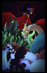 Size: 1200x1854 | Tagged: dead source, safe, artist:thenecrobalam, imported from derpibooru, discord, king sombra, nightmare moon, queen chrysalis, alicorn, changeling, changeling queen, draconequus, unicorn, antagonist, evil grin, female, grin, group, quartet, smiling