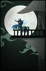 Size: 1200x1854 | Tagged: dead source, safe, artist:thenecrobalam, imported from derpibooru, queen chrysalis, changeling, castle, female, moon, night, solo