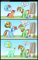 Size: 800x1258 | Tagged: safe, artist:wisp2007, imported from derpibooru, daring do, lyra heartstrings, rainbow dash, scootaloo, oc, oc:key lime, earth pony, pegasus, pony, unicorn, comic, easel, hand, painter, that pony sure does love hands