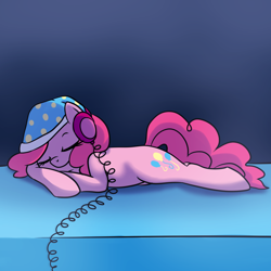 Size: 1000x1000 | Tagged: dead source, safe, artist:maplesunrise, imported from derpibooru, pinkie pie, hat, headphones, nightcap, sleeping