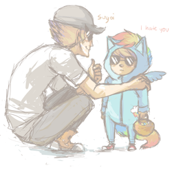 Size: 479x474 | Tagged: safe, imported from derpibooru, rainbow dash, human, bro strider, candy, cosplay, costume, dave strider, halloween, homestuck, pumpkin bucket, trick or treat