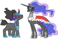 Size: 887x646 | Tagged: safe, artist:themiles, imported from derpibooru, king sombra, nightmare moon, alicorn, pony, unicorn, armor, costume swap, crossdressing, duo, female, lumbra, male, shipping, sombramoon, straight