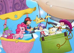 Size: 2338x1700 | Tagged: safe, artist:darksearcher14, imported from derpibooru, pinkie pie, spike, meowth, pikachu, ash ketchum, balloon, batter, belly button, cake batter, crossover, hot air balloon, james, jessie, meowth balloon, midriff, party cannon, poké ball, pokéball, pokémon, team rocket, twinkling balloon